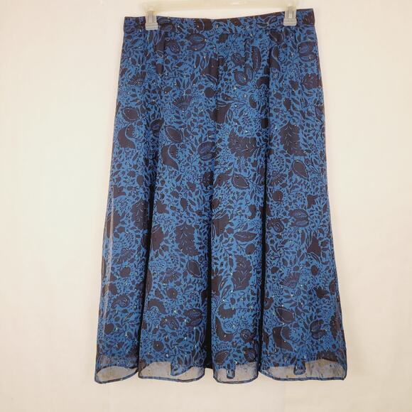 Loft blue floral sheer iridescent flare midi skirt size 12 fairy goth retro boho - Picture 1 of 7